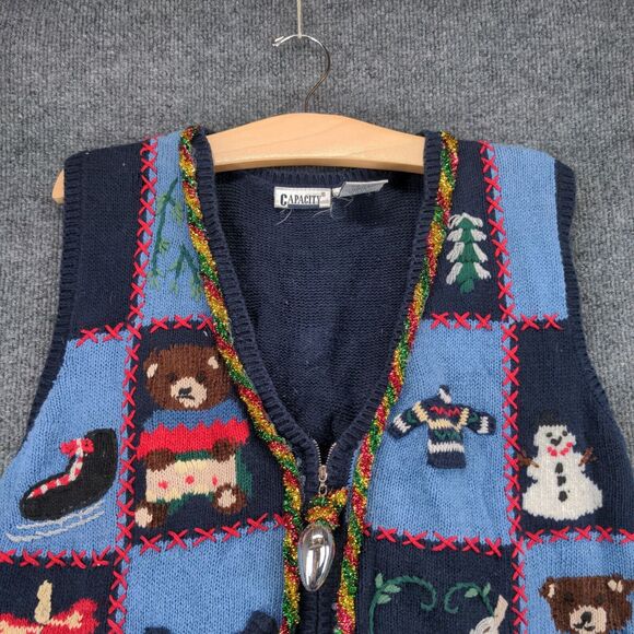 Capacity Womens Full Zip Christmas Sweater Cardigan Size M Blue Bulbs - Picture 7 of 11